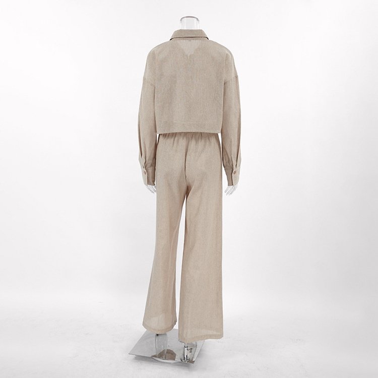 Enyami Custom Cotton Linen Women's Clothing 2 Piece Coord Set Women Long Sleeve Long Pant Short Top Casual Outfit Women's Sets