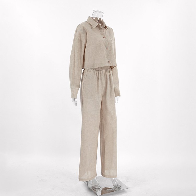 Enyami Custom Cotton Linen Women's Clothing 2 Piece Coord Set Women Long Sleeve Long Pant Short Top Casual Outfit Women's Sets