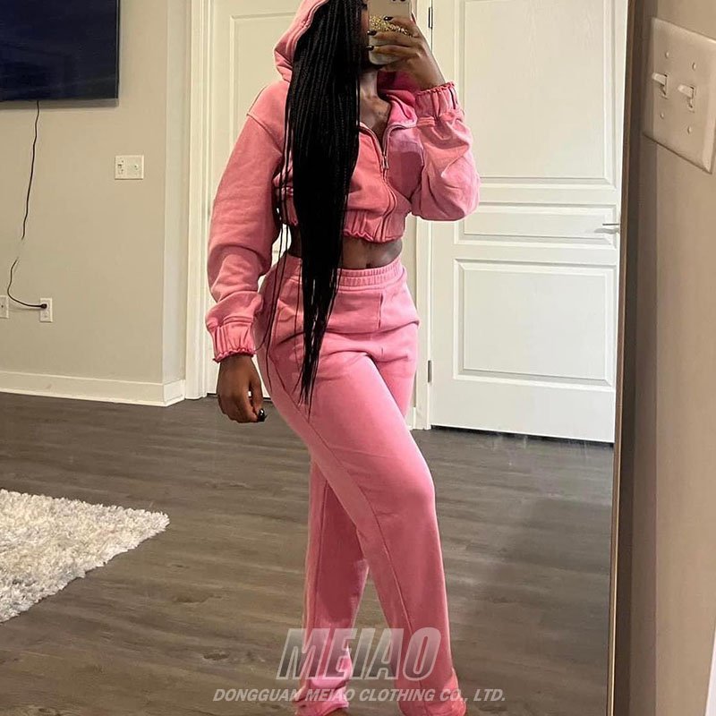 Custom Women's Sets Distressed Crop Top Zip Up Vintage Hoodie 2 Piece Set Women Streetwear Clothing Sweatpants And Hoodie Set
