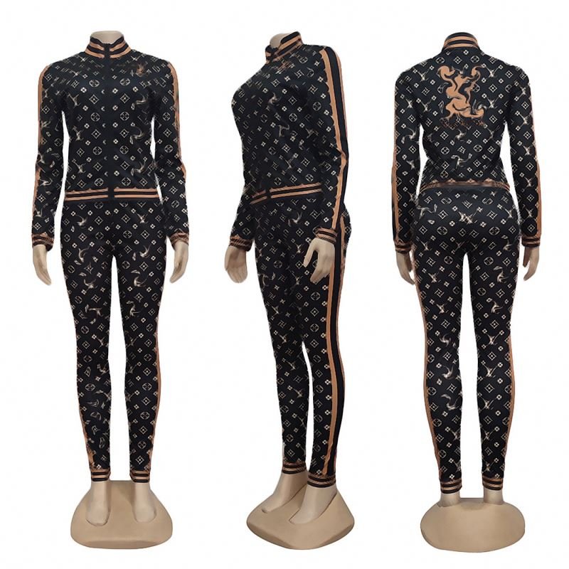Hot Selling Designer Women's Summer Clothing Casual Satin Full Sleeve Zipper Two-Piece Suit Fashion Print Solid