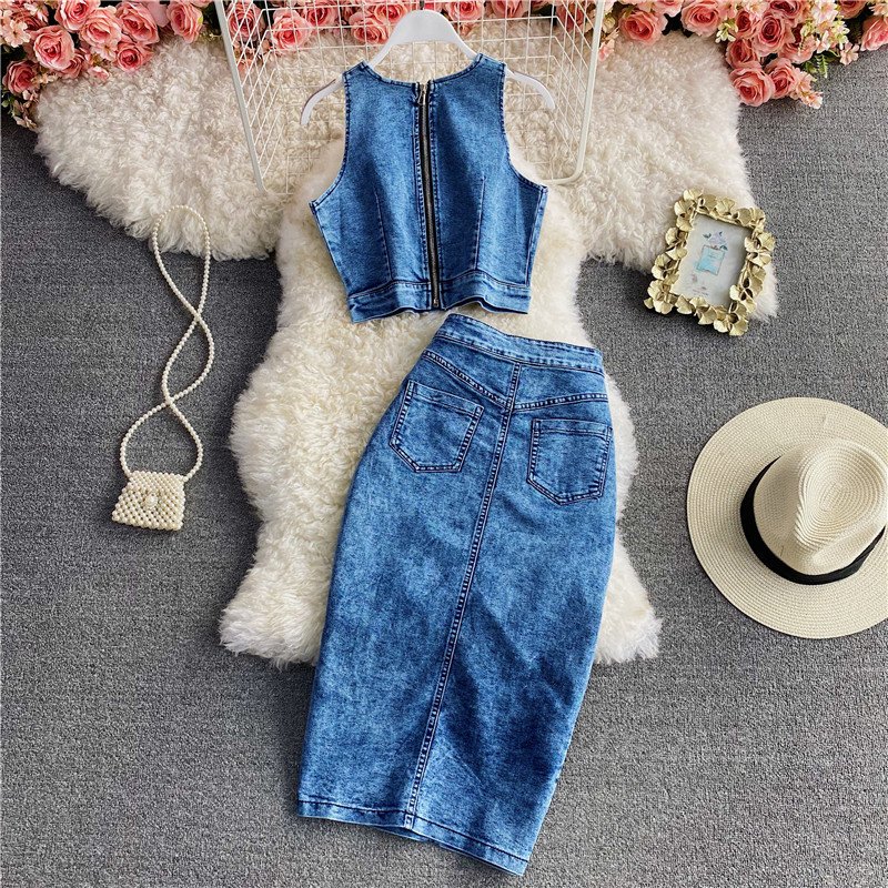 Factory Wholesale Slim Fit Zipper Denim Tank Top Short Top High Waist Slim Skirt Women's Set