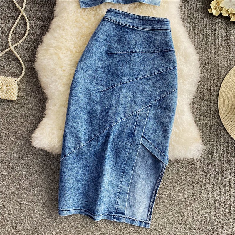 Factory Wholesale Slim Fit Zipper Denim Tank Top Short Top High Waist Slim Skirt Women's Set