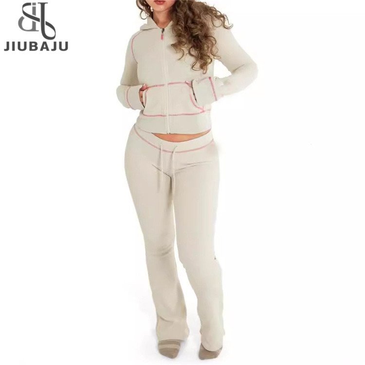 Autumn Long Sleeve Hooded Crop Jacket Top and Jogger Flare Pants Two 2 Piece Set Women Tracksuit Matching Suit