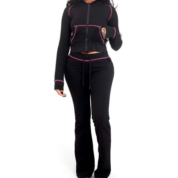 Autumn Long Sleeve Hooded Crop Jacket Top and Jogger Flare Pants Two 2 Piece Set Women Tracksuit Matching Suit