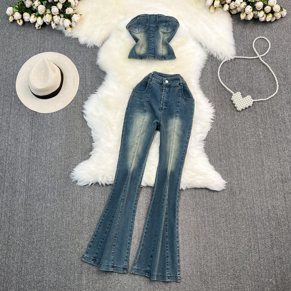 Girl's Clothing Women's Fashion Personalized Set Spicy Girl Bra Denim Top Flare Pants Two Piece Set Women Clothing