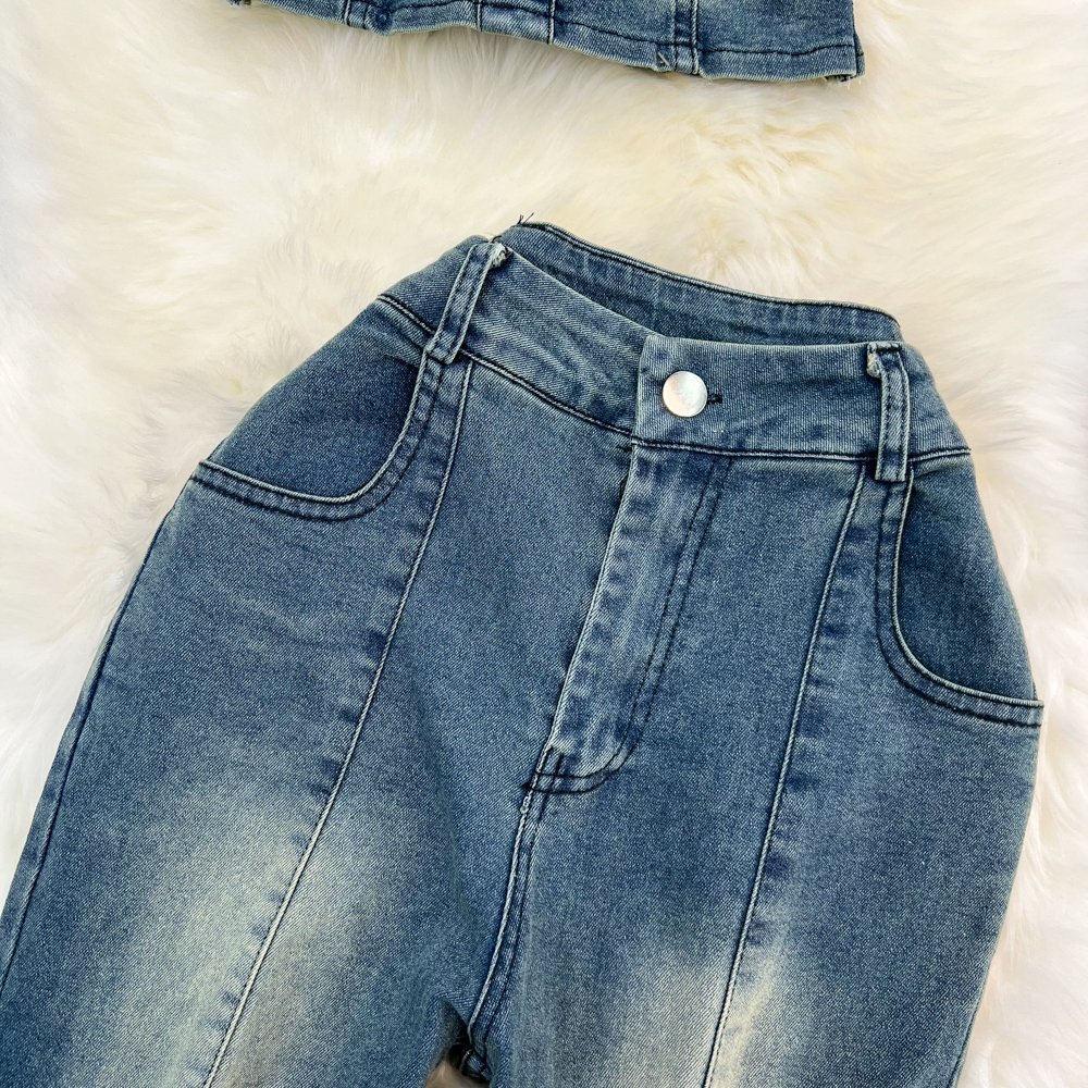 Girl's Clothing Women's Fashion Personalized Set Spicy Girl Bra Denim Top Flare Pants Two Piece Set Women Clothing