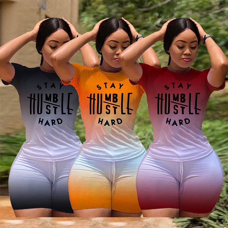 Women's Casual Gradient Printed T-shirt With Short Bike Pants Shinny Tracksuit Bodycon Two Piece Shorts Outfits Two Piece Sets