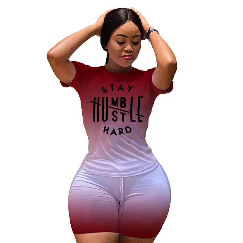 Women's Casual Gradient Printed T-shirt With Short Bike Pants Shinny Tracksuit Bodycon Two Piece Shorts Outfits Two Piece Sets