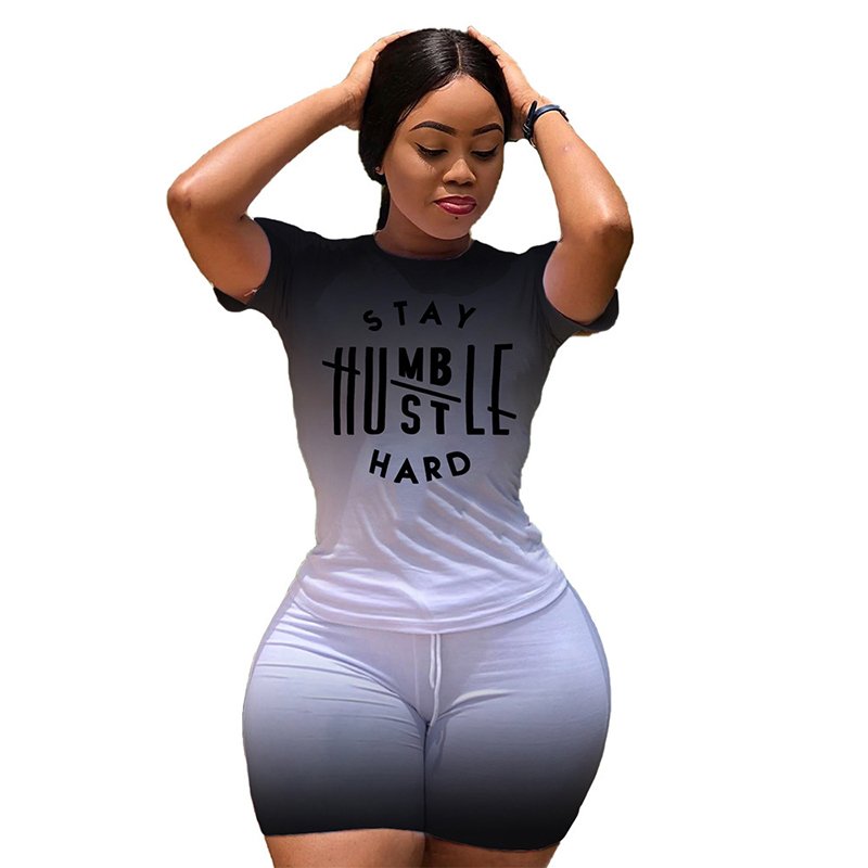 Women's Casual Gradient Printed T-shirt With Short Bike Pants Shinny Tracksuit Bodycon Two Piece Shorts Outfits Two Piece Sets