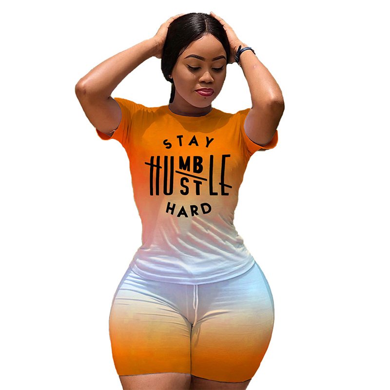 Women's Casual Gradient Printed T-shirt With Short Bike Pants Shinny Tracksuit Bodycon Two Piece Shorts Outfits Two Piece Sets