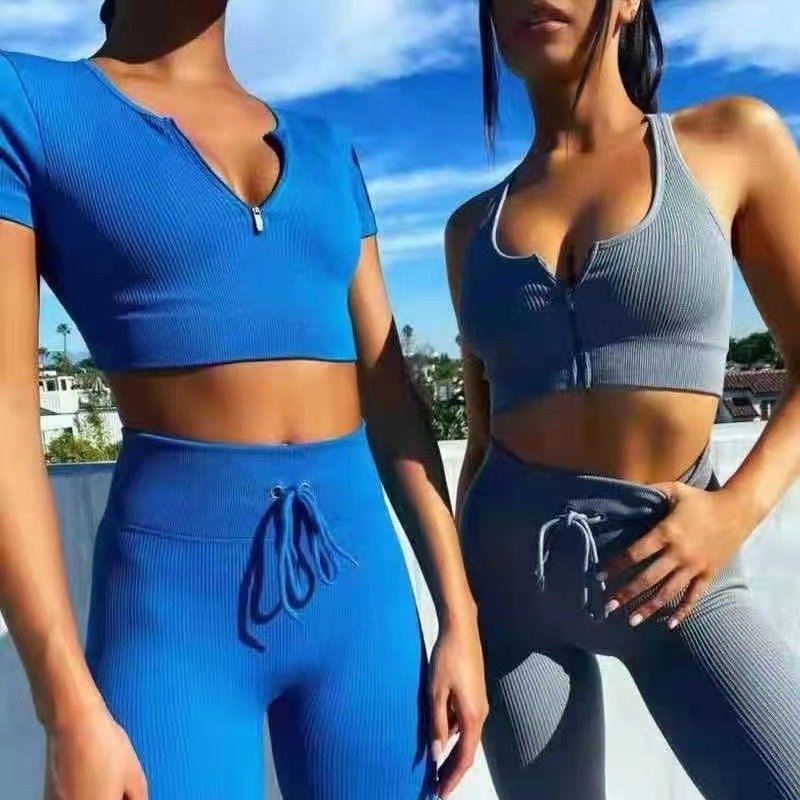 wholesale high quality 5-piece fitness wear Yoga set Sports bra Leggings Women's gym set seamless ribbed workout active set
