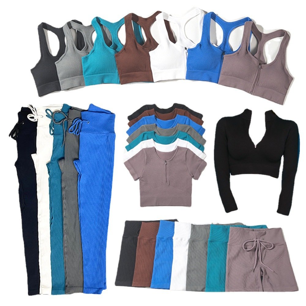 wholesale high quality 5-piece fitness wear Yoga set Sports bra Leggings Women's gym set seamless ribbed workout active set