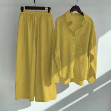 Spring Fall Ladies Pants 2 Piece Retro Plus Size Women Clothing High Waist Loose Trousers Cotton Linen Shirt Women's Sets