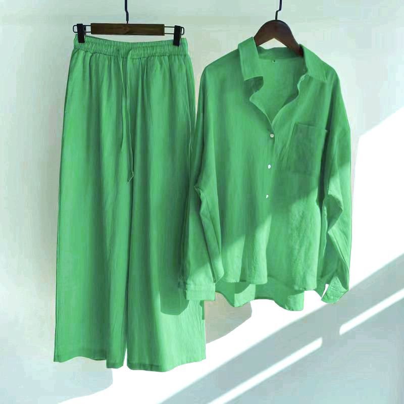 Spring Fall Ladies Pants 2 Piece Retro Plus Size Women Clothing High Waist Loose Trousers Cotton Linen Shirt Women's Sets