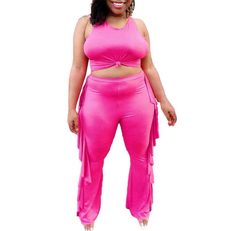 Plus size women's clothing Solid Tank Top and Tassels Pant Two-Piece women's sets