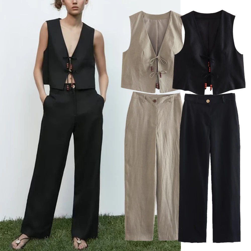 Fashion Suit Women's French Casual Pants Set Ladies Retro Cotton Vest Suit Female High Waist Straight Pants Suit Set