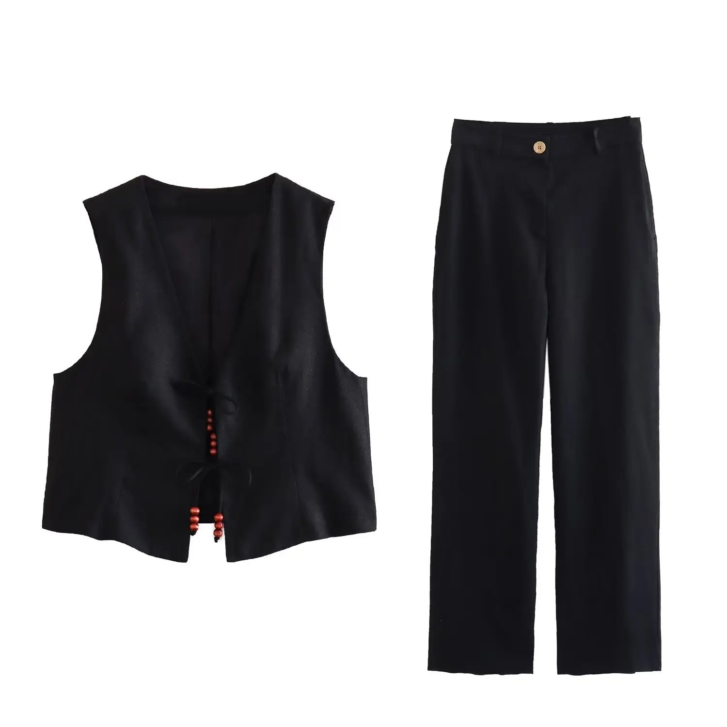 Fashion Suit Women's French Casual Pants Set Ladies Retro Cotton Vest Suit Female High Waist Straight Pants Suit Set