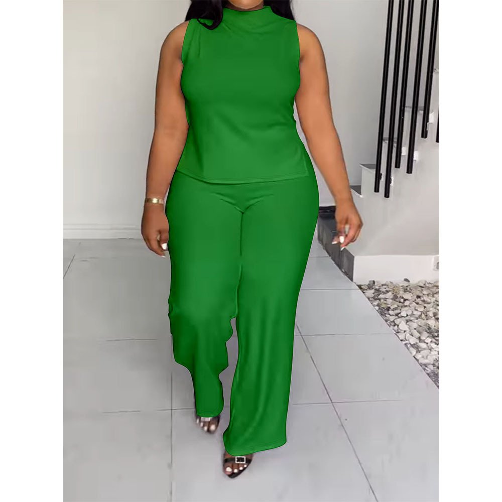 Plus Size African 2024 Summer Women'S Solid Color Elegant Office Street Casual Sleeveless 2 Two Piece Pants Set