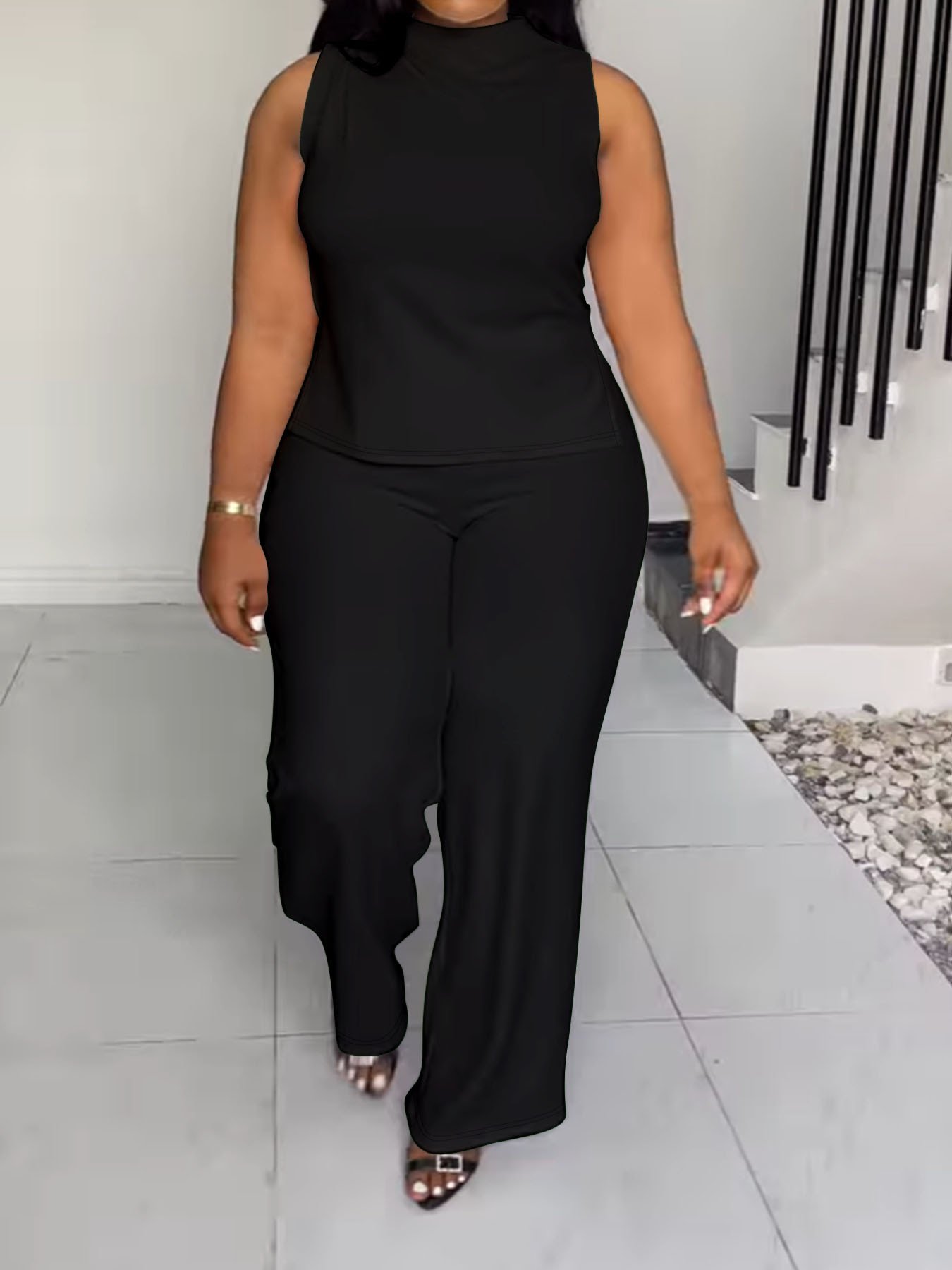 Plus Size African 2024 Summer Women'S Solid Color Elegant Office Street Casual Sleeveless 2 Two Piece Pants Set
