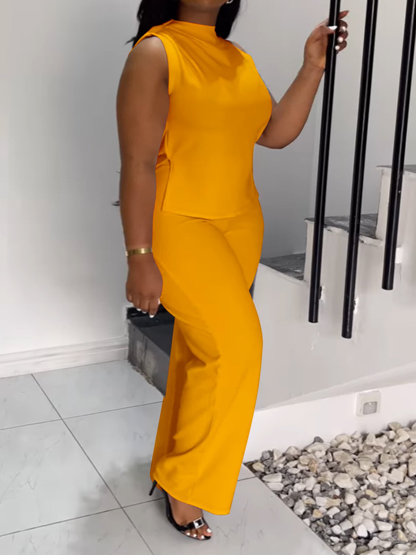 Plus Size African 2024 Summer Women'S Solid Color Elegant Office Street Casual Sleeveless 2 Two Piece Pants Set