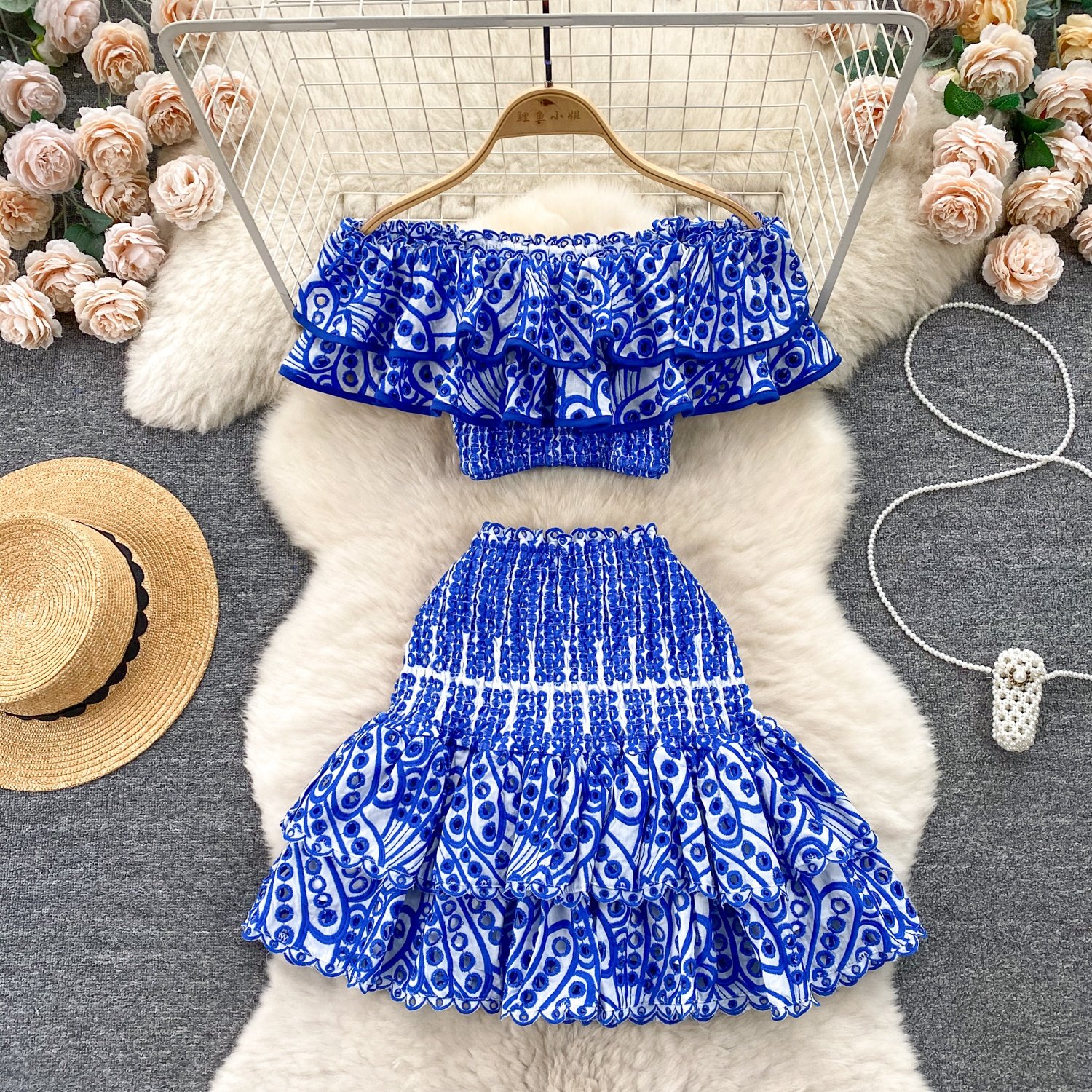 Slash Neck Short Sleeve Vest High Waist A Line Hit Color Printing Elegant 2 Piece Set Women Skirt And Top