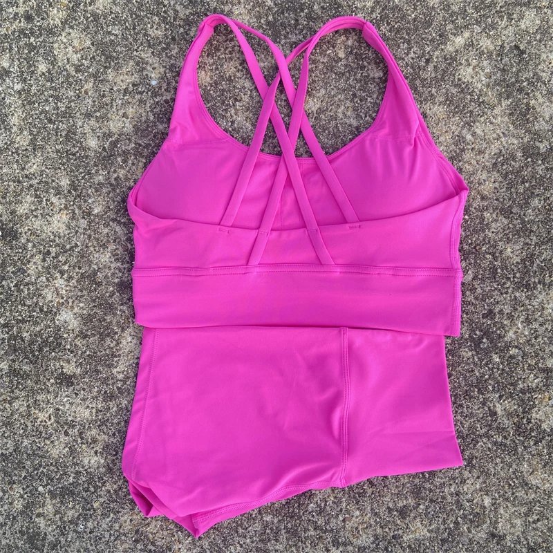 Solid Color Fitness Suit High Waist short Legging Cross Back sports Bra athletic Gym Yoga short Set Women 2 Piece