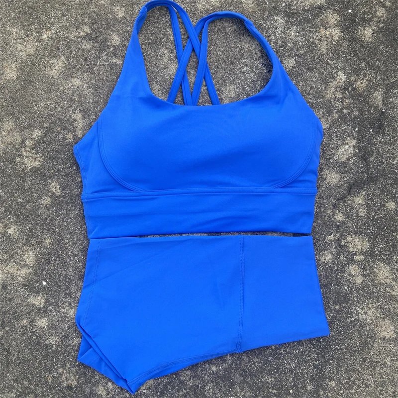 Solid Color Fitness Suit High Waist short Legging Cross Back sports Bra athletic Gym Yoga short Set Women 2 Piece