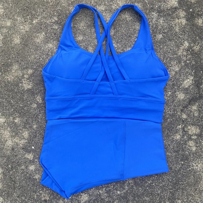 Solid Color Fitness Suit High Waist short Legging Cross Back sports Bra athletic Gym Yoga short Set Women 2 Piece
