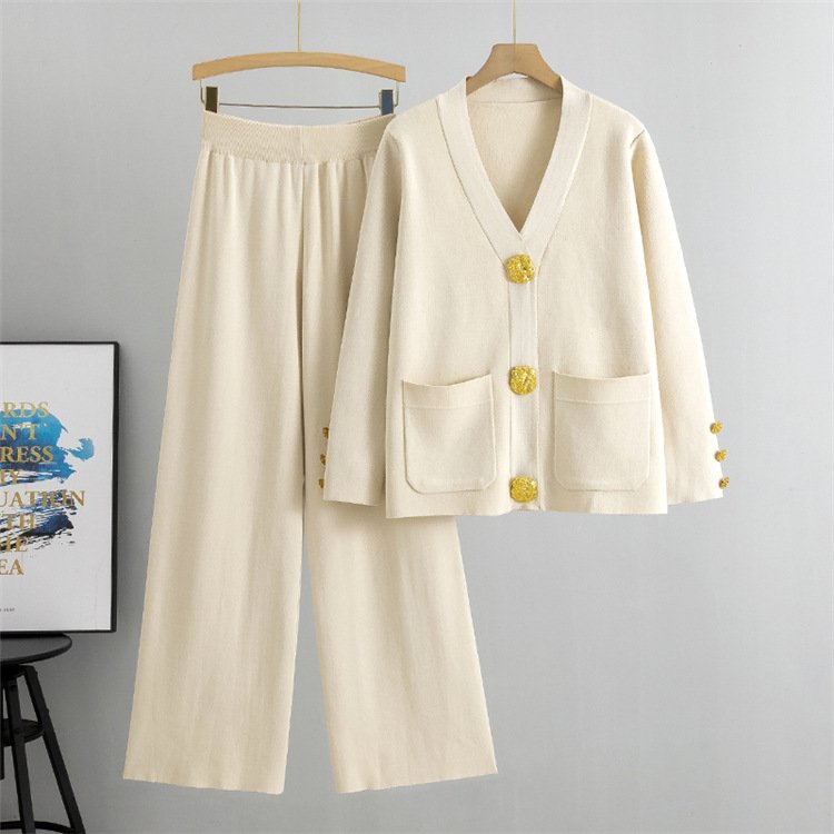 LE4417 Knit Sweater Two-Piece Women'S Autumn And Winter 2024 New Loose Casual Wide-Leg Pants Elegant 2-piece sets for women