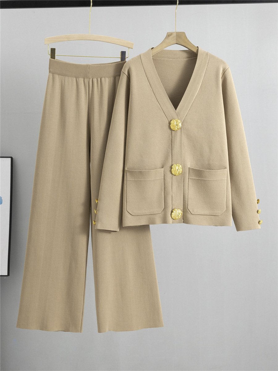 LE4417 Knit Sweater Two-Piece Women'S Autumn And Winter 2024 New Loose Casual Wide-Leg Pants Elegant 2-piece sets for women