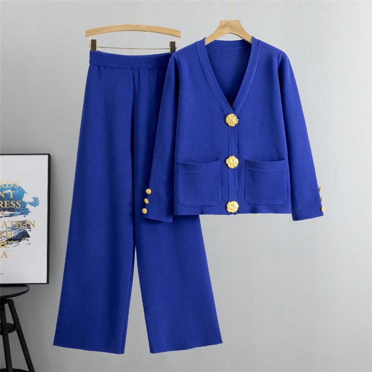 LE4417 Knit Sweater Two-Piece Women'S Autumn And Winter 2024 New Loose Casual Wide-Leg Pants Elegant 2-piece sets for women