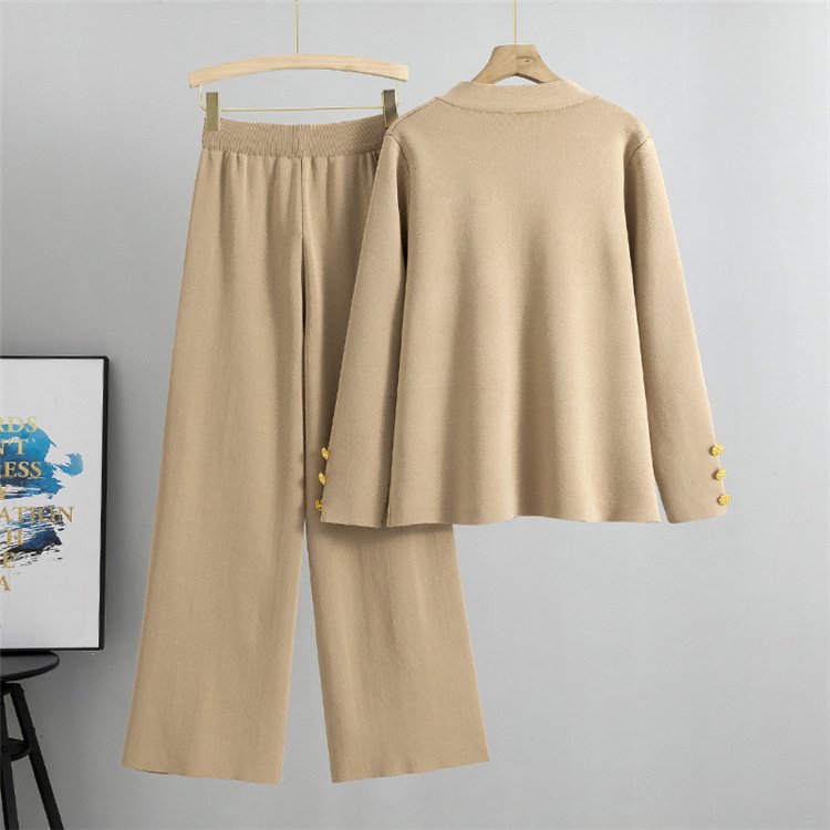 LE4417 Knit Sweater Two-Piece Women'S Autumn And Winter 2024 New Loose Casual Wide-Leg Pants Elegant 2-piece sets for women