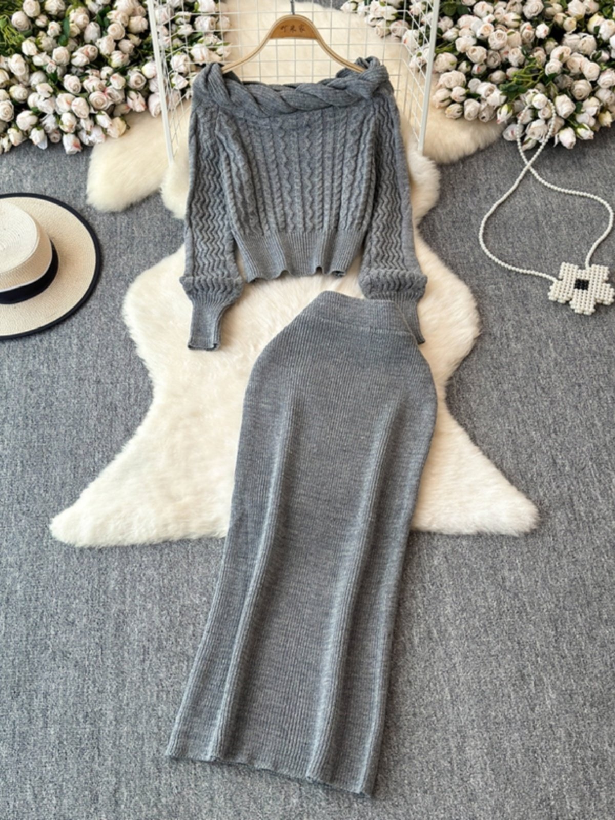 Boutique Wholesale 2024 Autumn New Style One Shoulder Sweater High Waist Bag Hip Skirt Women's Set
