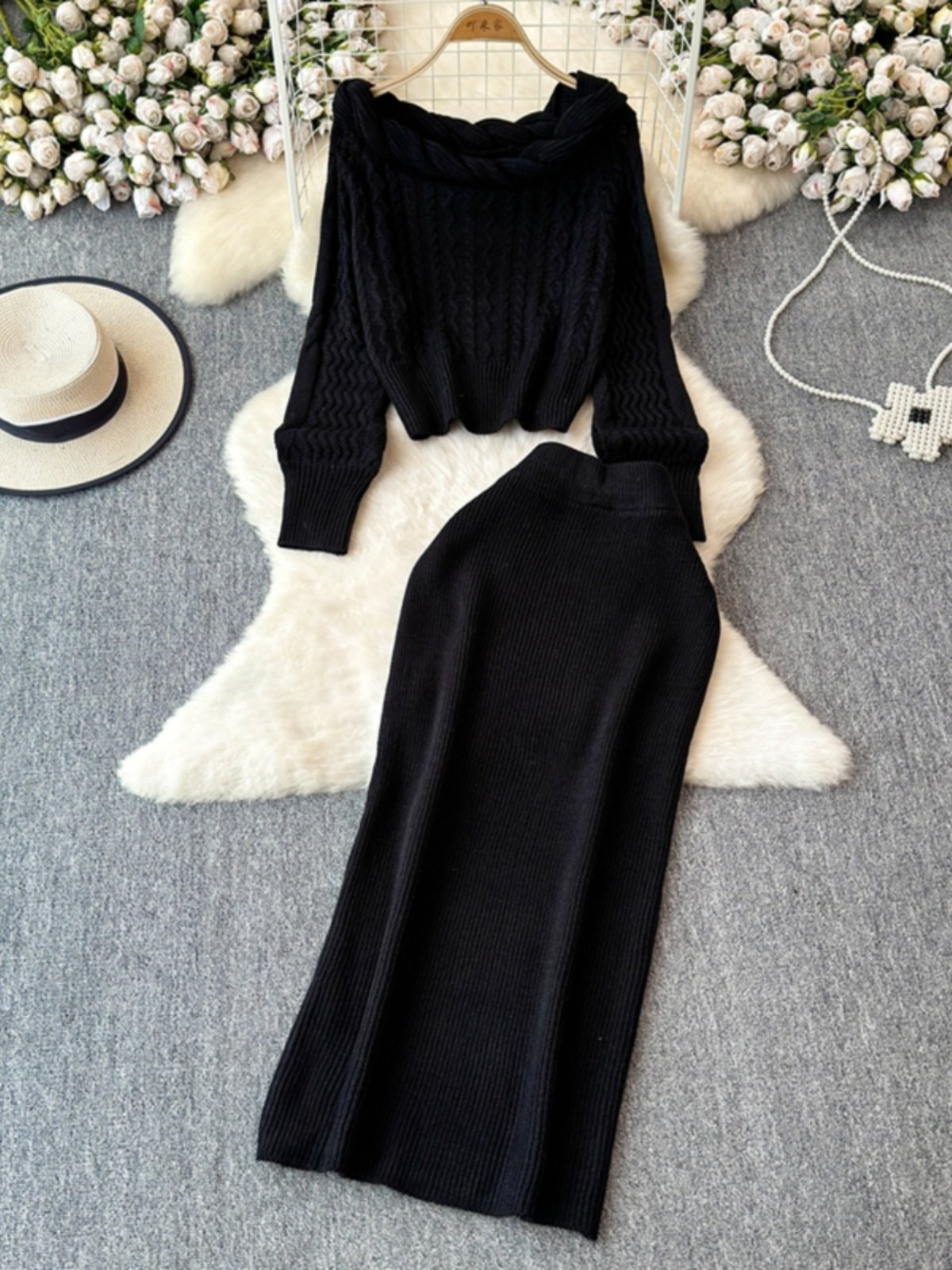 Boutique Wholesale 2024 Autumn New Style One Shoulder Sweater High Waist Bag Hip Skirt Women's Set