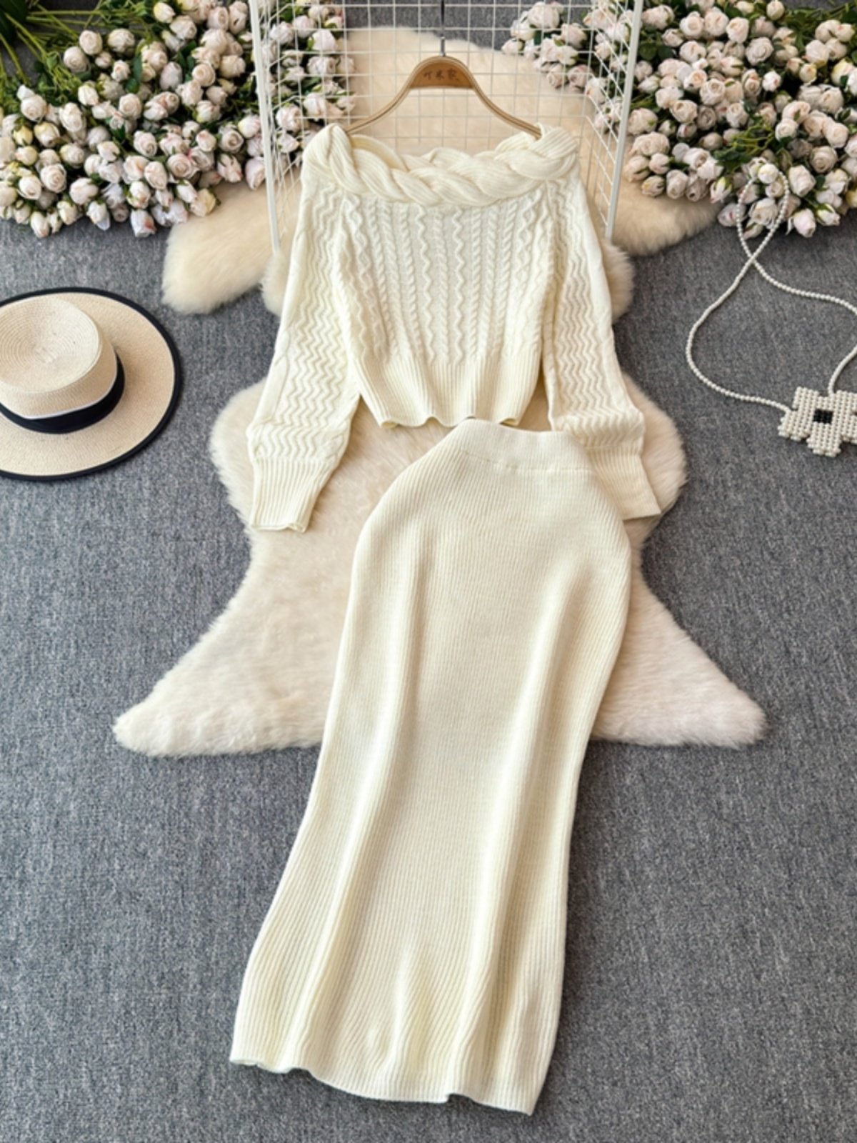 Boutique Wholesale 2024 Autumn New Style One Shoulder Sweater High Waist Bag Hip Skirt Women's Set