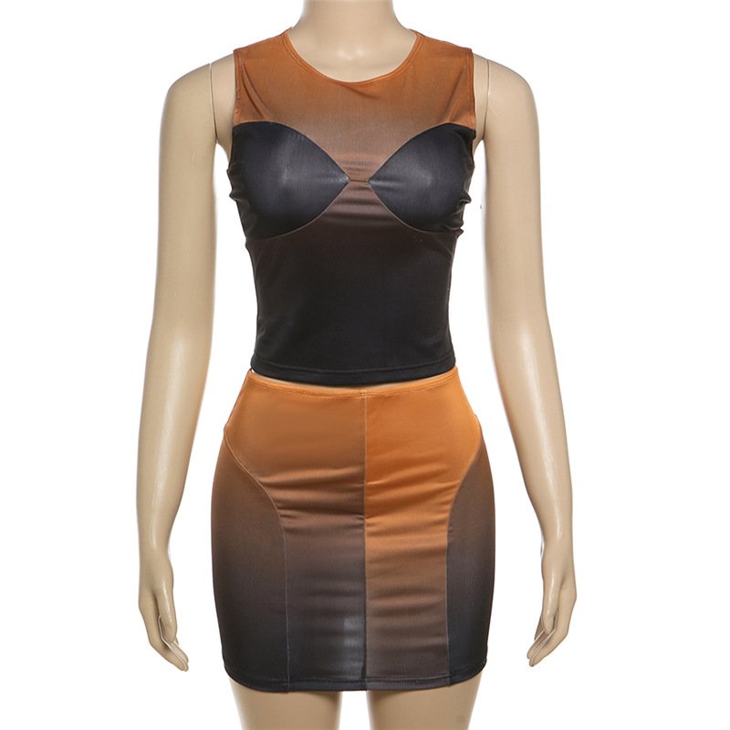 K24S43228 Summer 2 Piece Set Women Sleeveless Round Neck Top + Skirt Printed Women's Set Casual Outfits