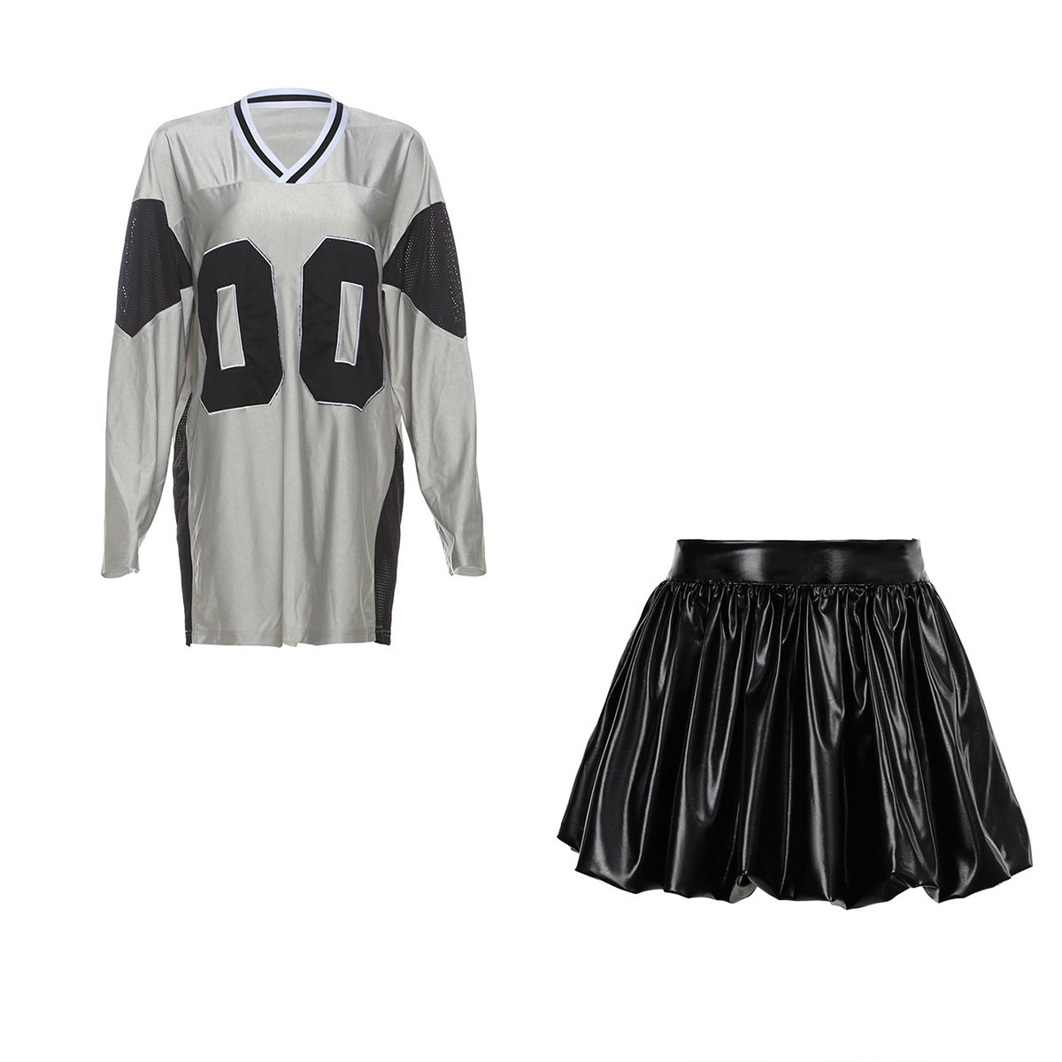 New Trendy Women's Sets Print Satin Jersey Shirts Leather Skirt 2 Piece Sets Casual Y2K PU Two Piece Skirt Sets Women Clothing