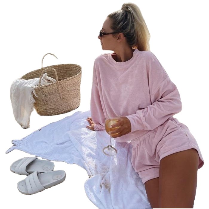 KY Women's Plus Size Terry Towelling Sweatshirt Towel Clothing Set Dusty Rose Crew Neck Drop Shoulders Embroidered Technique