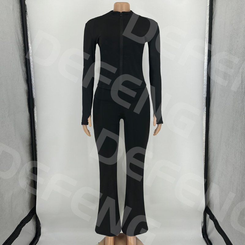 Custom Zip Up Thumb Hole Jacket Top Flare Pants Tracksuit Woman Sets Women Two Piece Sets 2024 Basic Loungewear Set