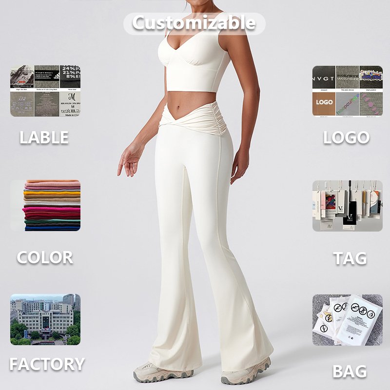 XW-YW516+KW403Wholesale hot sale chest pad tops pleated cross design bell bottom pants casual sports yoga gym women Sets