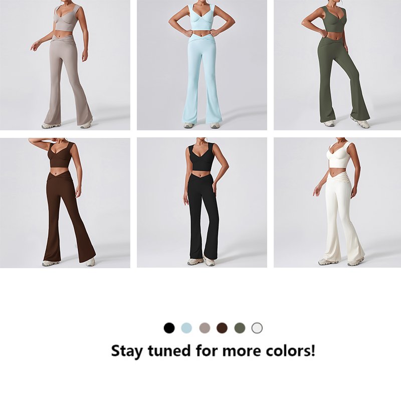 XW-YW516+KW403Wholesale hot sale chest pad tops pleated cross design bell bottom pants casual sports yoga gym women Sets