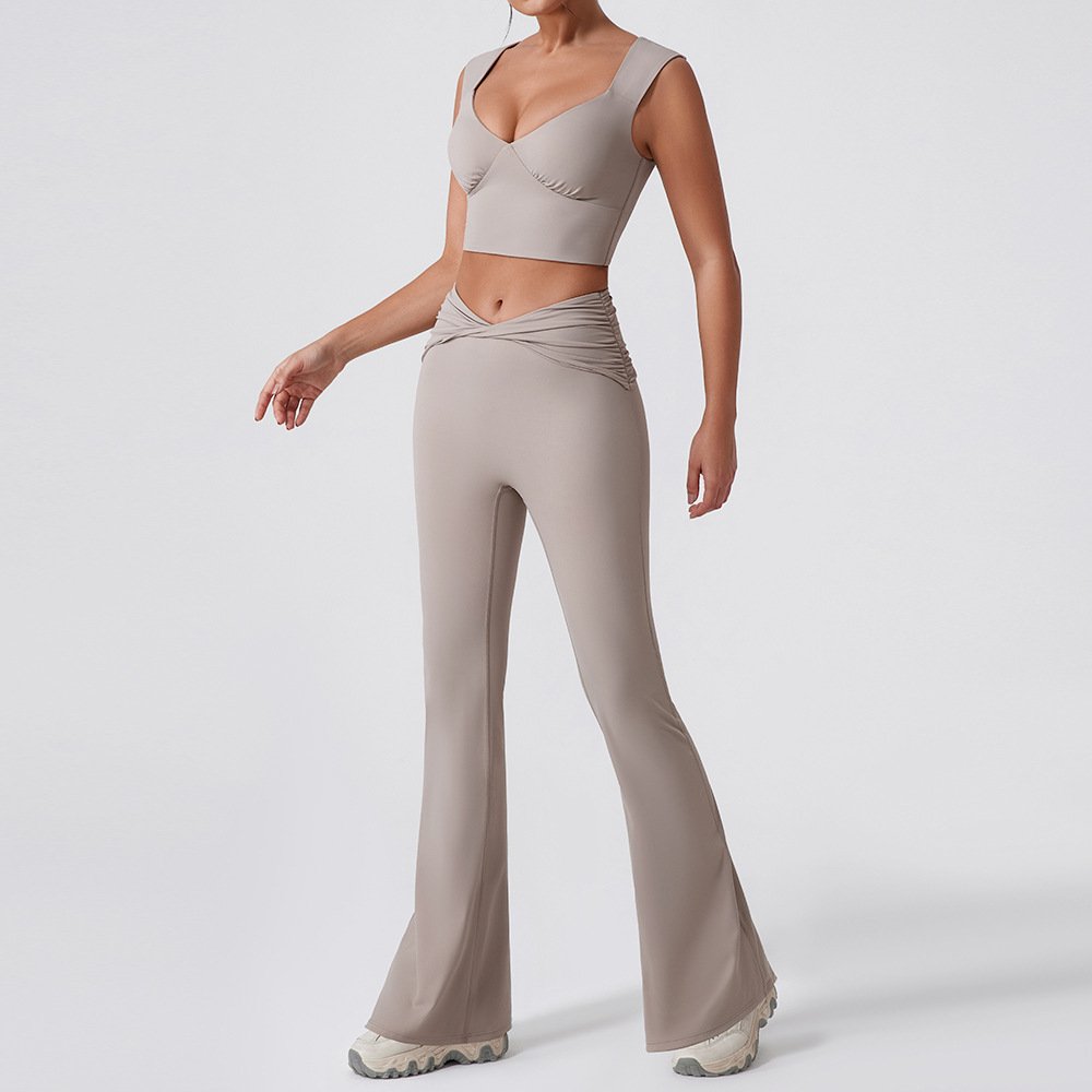 XW-YW516+KW403Wholesale hot sale chest pad tops pleated cross design bell bottom pants casual sports yoga gym women Sets