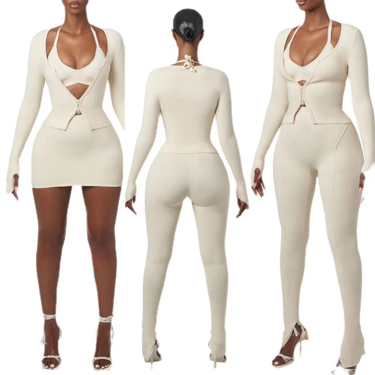 2024 winter y2k brand bra top zip up jacket and leggin pants 3 piece women's clothing manufacturers custom wholesale outfit set