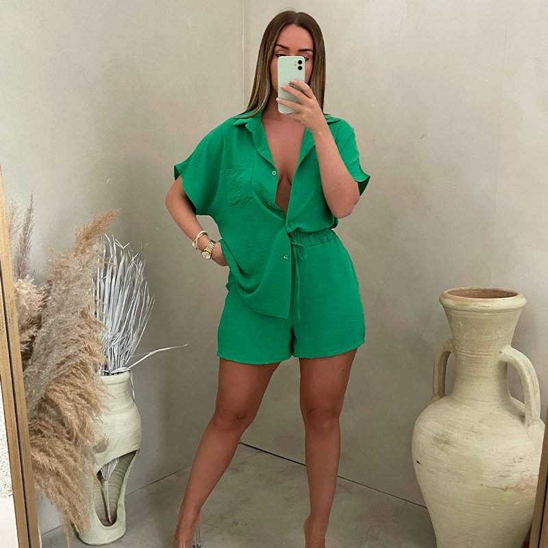 Fashion Casual Women's Suit Solid Color Classic Single-Breasted Short-Sleeved Shirt Elastic Waist Shorts Two-piece Set