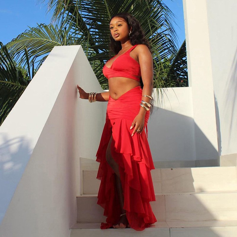 Summer Red Sleeveless Slim High Waist Top A-line Skirt Women's Sets Elegant Evenoing Y2k Party Prom Ladies Clothes