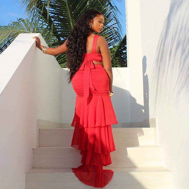 Summer Red Sleeveless Slim High Waist Top A-line Skirt Women's Sets Elegant Evenoing Y2k Party Prom Ladies Clothes