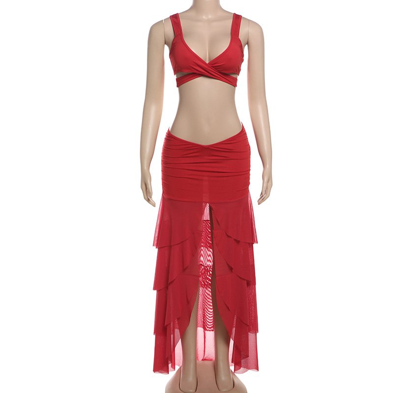 Summer Red Sleeveless Slim High Waist Top A-line Skirt Women's Sets Elegant Evenoing Y2k Party Prom Ladies Clothes