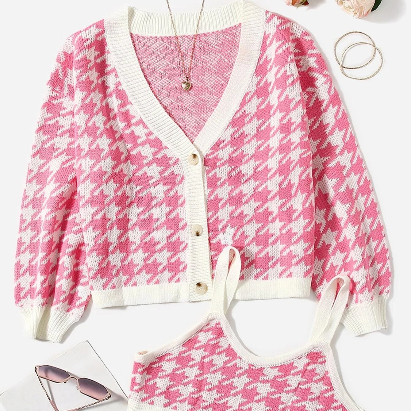 Custom OEM Fat Women Knit Sweater Casual Sexy Ladies Pattern Cardigan & Cami Top Plus Size Knitted Women's Sweater Sets