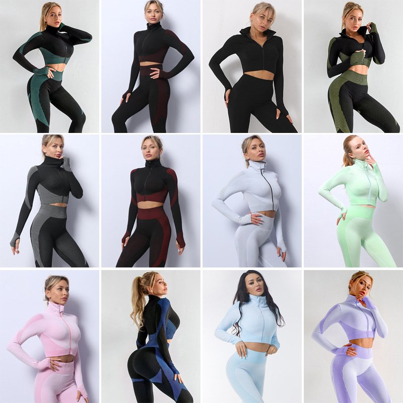 High Waist Sport Fitness 3pcs Seamless OEM/ODM Activewear Girl Yoga Wear Long Sleeve Full zipper Crop tops Bra Legging Yoga Set