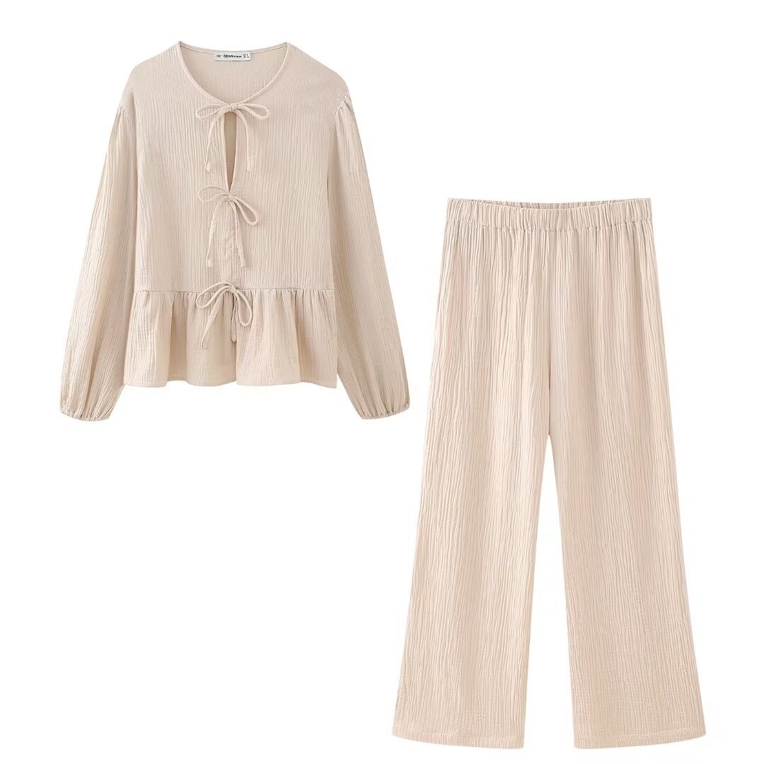 TRAFZA Factory Direct Sale Lady Clothes Elegant Casual Two Piece Set Women Loose Fitting Flare Hem Wider Leg Pants